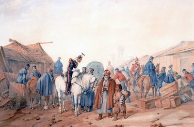 Zásobovací základna britské armády v přístavu Balaclava (Balaklava) - Norie, Orlando (1832-1901) - 1854 - Akvarel na papíře - 36,3x52,6 - Soukromá sbírka od Orlando Norie