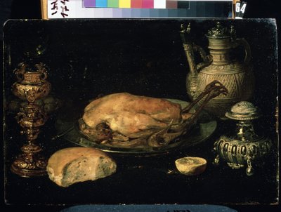 ""Zátiší z kuřete, citronu, chleba, stříbra a olejové lampy"" (Zátiší) Obraz Osiase Beerta staršího (1580-1624) Muzeum umění Michaila Krošitského ze 17. století, Sevastopol (Sevastopol) Ukrajina od Osias the Elder Beert