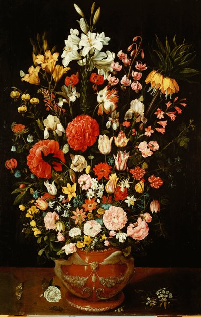 Tulipány, lilie, kosatce, růže, karafiáty, pivoňky a další květiny v tvarované terakotové urně od Osias the Elder Beert