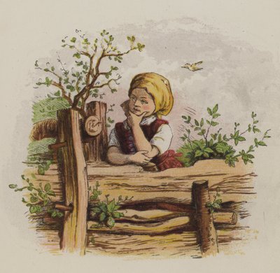 Zamyšlená dívka opírající se o plot (barva litho) od Oskar Pletsch