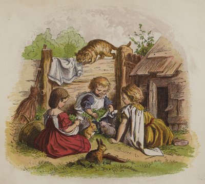 Tři dívky si hrají se svými králíčky, pozorované kočkou (barva litho) od Oskar Pletsch