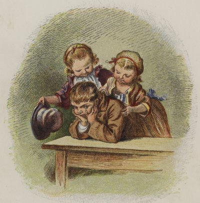 Dvě malé holčičky se snaží rozveselit nevrlého chlapce (barva litho) od Oskar Pletsch