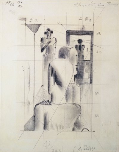 Postavy v pokoji, od Oskara Schlemmera (1888-1943), tužka na papíře. Německo, 20. století. od Oskar Schlemmer