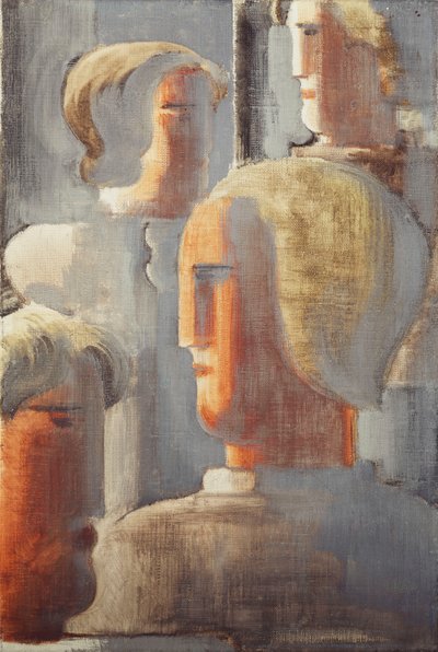 Skupina čtyř hlav šedomodrá, Folkwang-Study III; Vier Kopfergruppe Graublau, Folkwang-Studie III od Oskar Schlemmer