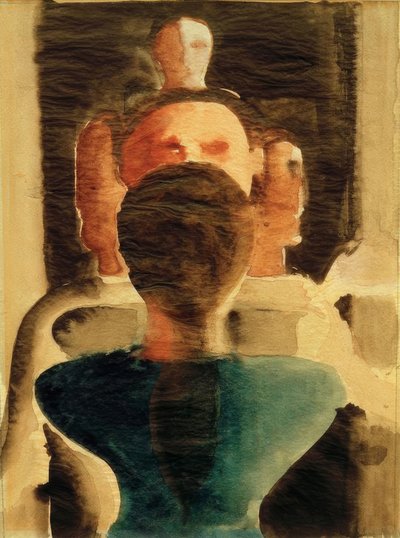 Soustředná skupina s ženskou postavou zezadu od Oskar Schlemmer