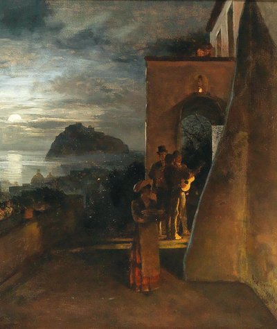 Večerní serenáda na Ischii, Castello Aragonese v pozadí od Oswald Achenbach
