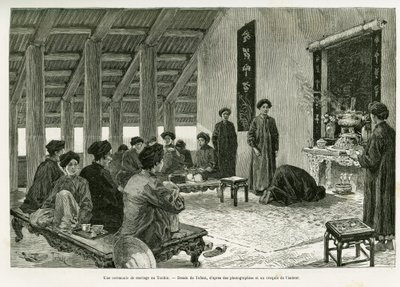 Svatební obřad v Tonkinu. Rytina od Tofaniho, pro ilustraci příběhu Trente mois au Tonkin, v roce 1884, od Dr. Paula Hocquarda, v le tour du monde 1890, pod vedením Edouarda Chartona (1807-1890), Hachette, Paříž. od Oswaldo Tofani