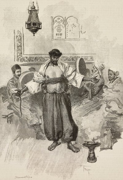 Tanec Aissawa, Marocké náboženské bratrstvo, na Světové výstavě 1889, Paříž, Francie, rytina E Mancatroppy z kresby Osvalda Tofaniho z L