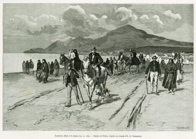 Ostrované jdou na mši. Rytina Tofani pro ilustraci příběhu Tři měsíce v Irsku, v roce 1889, Marie Anne de Bovet, in le tour du monde 1890, režie Edouard Charton (1807-1890), Hachette, Paříž. od Oswaldo Tofani