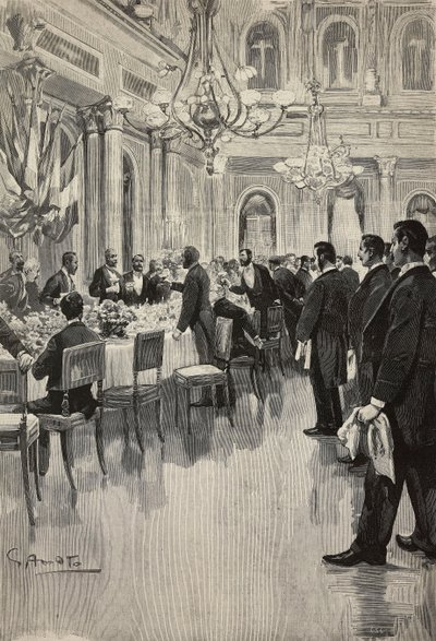 Italští diplomaté na společném přípitku, Paříž, Francie, rytina z kresby Gennaro Amato, ze skici Osvalda Tofaniho, z L
