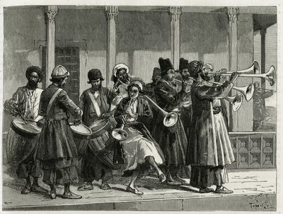 Hudebníci vítající východ slunce v Isfahánu (nebo Isfahánu, město Írán). Rytina od Tofaniho pro ilustraci příběhu „“ Persie, Chaldejsko a Susiane““ od Oswaldo Tofani