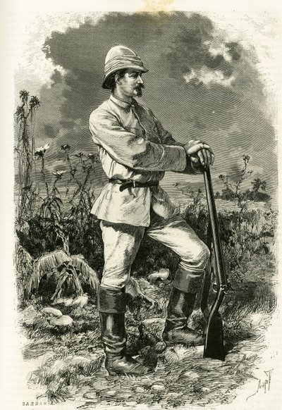 Portrét Dr. Emila Holuba v průzkumném obleku, rytina Tofaniho, pro ilustraci příběhu „Au pays des Marutses“ v letech 1875-1879 od Dr. Emila Holuba (1847-1902). Publikováno v Tour du monde, 2. semestr 1883, editoval Edouard Charton (1807-1890 od Oswaldo Tofani