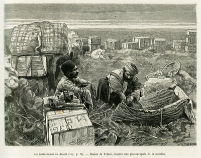 Pašování archeologických vykopávek v perské poušti. Rytina Tofani pro ilustraci příběhu A Suse od Oswaldo Tofani