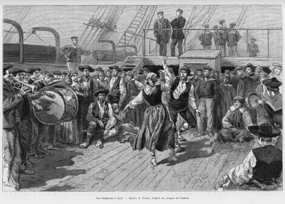 Emigranti na palubě. Rytina od Tofaniho k ilustraci příběhu Voyage a la Plata, tři měsíce prázdnin od Emila Blaireauxe v roce 1886, v tour du monde 1887, pod vedením Edouarda Chartona (1807-1890), Hachette, Paříž. od Oswaldo Tofani