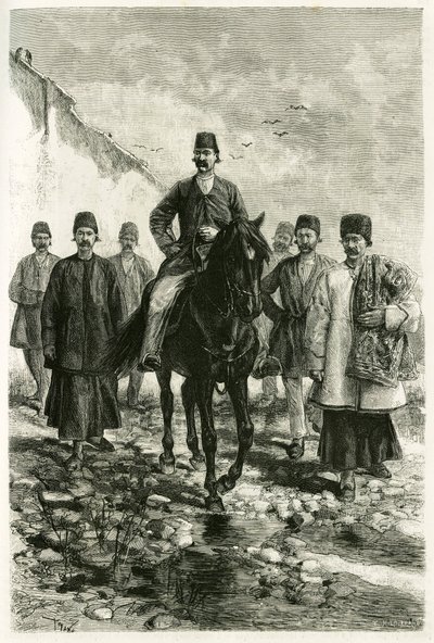 Guvernér Kachanu (nebo Kashanu v provincii Teherán, dnešní Írán) jede na černém koni a jeho suita jde pěšky. Rytina od Tofaniho z fotografie k ilustraci příběhu „Persie, Chaldee a Susiane““ v letech 1881-1882 od Jane Dieulafoy (rozená Ma od Oswaldo Tofani