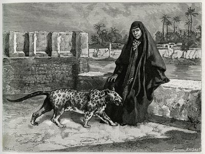 Torkan Khanoum, oblíbenec šejka Mojžíše, mocný kmenový vůdce Arabistánu se svým panterem. Rytina Tofani pro ilustraci příběhu „Persie, Chaldee a Susiane“ od Oswaldo Tofani