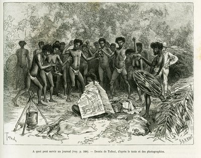 K čemu se dají noviny použít? Rytina od Tofaniho k ilustraci příběhu Chez les cannibales, Cesta do severovýchodní Austrálie od Oswaldo Tofani
