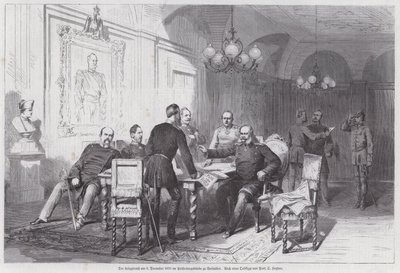 Velitelé pruské armády pořádající válečnou radu ve Versailles, francouzsko-pruská válka, 6. prosince 1870 (rytina) od Otto Johann Heinrich Heyden
