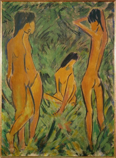 Chlapec před dvěma dívkami, jedna stojí, druhá sedí (kresba na pytlovině) od Otto Muller or Mueller