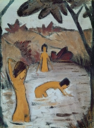 Tři koupající se v rybníku. Kolem roku 1912 od Otto Mueller