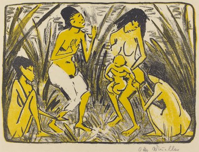 Nalezení Mojžíše (Auffindung des Moses), kolem roku 1920 (litografie v černé a zlaté barvě) od Otto Mueller