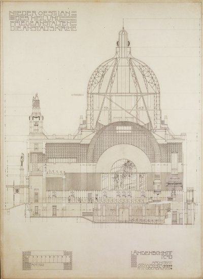 Vertikální projekce kostela Steinhof, vídeňské ústřední léčebny pro duševně choré ... od Otto Wagner