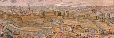 Vlámský gobelín. Seriál Triumfy a bitvy arcivévody Alberta. Útok a dobytí zakořeněného bojiště Hulst (Asalto y toma del campo atrincherado de Hulst). Šestá tapisérie v sérii. Model Otto van Veen a Hans I Snellinck. Výroba od Otto van Veen