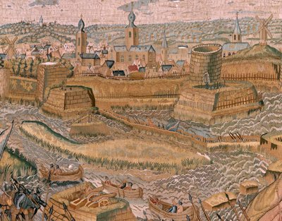 Vlámský gobelín. Seriál Triumfy a bitvy arcivévody Alberta. Útok a dobytí zakořeněného bojiště Hulst (Asalto y toma del campo atrincherado de Hulst). Šestá tapisérie v sérii. Model Otto van Veen a Hans I Snellinck. Výroba od Otto van Veen