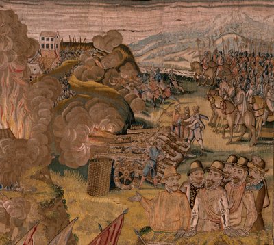 Vlámský gobelín. Seriál Triumfy a bitvy arcivévody Alberta. Noční útok na Ardres nebo obsazení nízkého města Ardres (Asalto nocturno de Ardrés o Toma de la baja villa de Ardrés). Třetí tapisérie v sérii. Model Otto van Veen a Hans I Snell od Otto van Veen