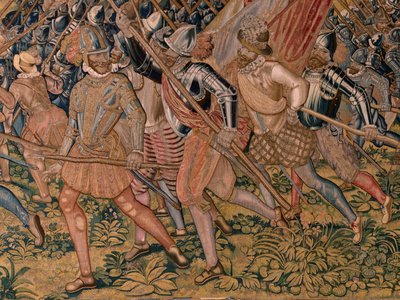 Vlámský gobelín. Seriál Triumfy a bitvy arcivévody Alberta. Noční útok na Ardres nebo obsazení nízkého města Ardres (Asalto nocturno de Ardrés o Toma de la baja villa de Ardrés). Třetí tapisérie v sérii. Model Otto van Veen a Hans I Snell od Otto van Veen