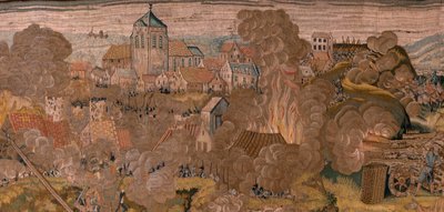 Vlámský gobelín. Seriál Triumfy a bitvy arcivévody Alberta. Noční útok na Ardres nebo obsazení nízkého města Ardres (Asalto nocturno de Ardrés o Toma de la baja villa de Ardrés). Třetí tapisérie v sérii. Model Otto van Veen a Hans I Snell od Otto van Veen