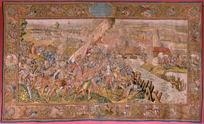 Vlámský gobelín. Seriál Triumfy a bitvy arcivévody Alberta. Překvapení v Calais (La sorpresa de Calais). První tapisérie v sérii. Model Otto van Veen a Hans I Snellinck. Výrobce Martin Reynbouts, Bruselas. 1597-1599. Tkanina Zlatá, stříbrná, si od Otto van Veen