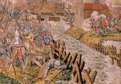 Vlámský gobelín. Seriál Triumfy a bitvy arcivévody Alberta. Překvapení v Calais (La sorpresa de Calais). První tapisérie v sérii. Model Otto van Veen a Hans I Snellinck. Výrobce Martin Reynbouts, Bruselas. 1597-1599. Tkanina Zlatá, stříbrná, si od Otto van Veen