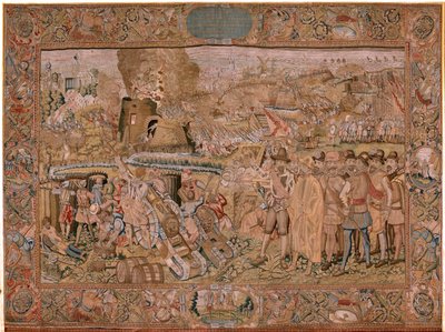 Vlámský gobelín. Seriál Triumfy a bitvy arcivévody Alberta. Dobytí města Hulst (Toma de la Plaza de Hulst). Sedmá tapisérie v sérii. Model Otto van Veen a Hans I Snellinck. Výroba Martin Reynbouts, Brusel od Otto van Veen