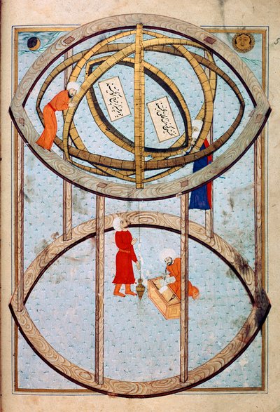 Astronomové manipulující s obrovskou armilární koulí a nástroji pro měření zeměpisné délky a šířky miniatura z rukopisu ms. FY 1404 „“ Sehinsahname““ (nebo Shahinshah-nama nebo Shahinshah-nameh, Shahinshah nama nebo Shahinshah nameh) „Příběh krále od Ottoman School