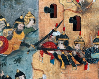 Bitevní scéna mezi osmanskou armádou Murada III. (1546-1595) (vlevo) a obránci silného Detail tataru. Codex miniatura R-1296. Knihovna muzea Topkapi Sarayi ze 16. století v Istanbulu od Ottoman School