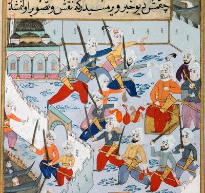 Dobytí Konstantinopole: armáda osmanského sultána Mehmeta II (Mehmed II Dobyvatel nebo Muhammad II Fatih) (1430-1481) ve Zlatém rohu obléhala město Konstantinopol v roce 1453. Miniatura z 15. století. Knihovna muzea Topkapi Sarayi Istanbul od Ottoman School