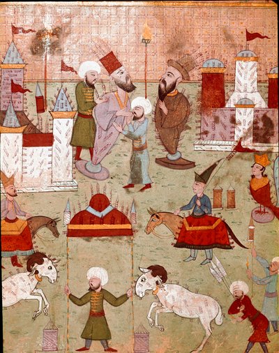 Slavnosti pořádané u příležitosti obřízky syna osmanského sultána Murada II (Murat) (1404-1451), příprava ohňostroje Miniatura 16. století Istanbul, Knihovna muzea Topkapi Sarayi od Ottoman School