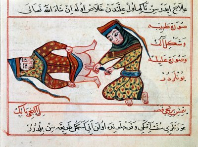 Medicína: operace hermafoditidy. Miniatura z pochoutky turecké medicíny od Sharaf al-dina od Ottoman School