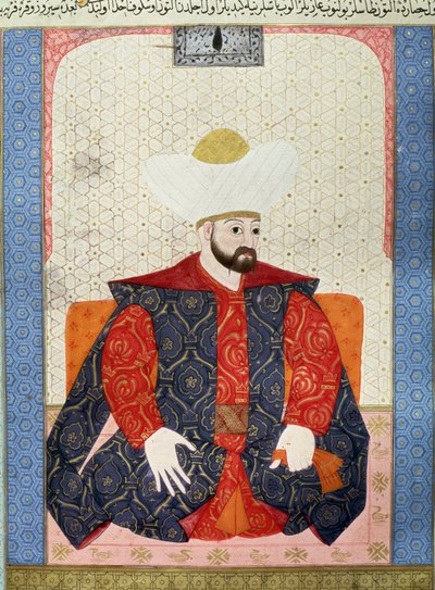 Osmanská říše: “” Portrét osmanského sultána Murada I. (1326-1389)”” Miniatura z rukopisu (Ms. 1973, folio 62a) “” Zubdatat-al-Tawarikh”” (Zubdat al-Tawarikh) (Creme of Stories) historik Seyyid Loqman Ashuri 1538. Muzeum tureckého a islámského umění od Ottoman School