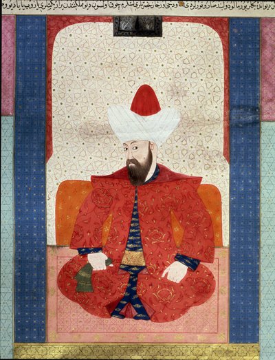 Osmanská říše: “” Portrét sultána Osmanské říše Orhan (Orkhan nebo Urchan) I (1281-1360)”” Miniatura z “” Zubdat al Tawarikh”” (Ms. 1973, fol. 59b) od Seyyyda Lokmana Ashuriho 1583 Istanbul, turecko-islámské muzeum umění od Ottoman School
