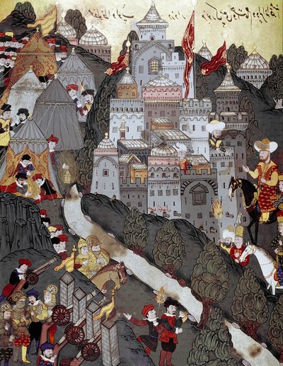 Osmanská říše: Sultán Bayezid I (Bajazet) (1360 kolem roku 1402) se po stejnojmenné bitvě 25. září 1396 vítězně vrátil do města Nicopolis. Miniatura ze 16. století. Istanbul, knihovna muzea Topkapi Sarayi od Ottoman School