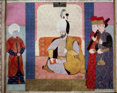 Osmanská říše: „“ Sultán Murad III. (1546–1595) obklopuje dvořany“““ Miniatura ze „Zubdat al Tawarikh““ (Ms. 1973, fol. 59b) od Seyyda Lokmana Ashuriho 1583 Istanbul, Muzeum turecko-islámského umění od Ottoman School