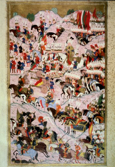 Osmanská říše: „“ Sultan Soliman (Suleyman) řekl jsem velkolepé v bitvě u Moháče dne 29. 8. 1526 proti armádě Uherského království, které velel král Ludvík II.“““ Miniatura z „Hunername“ od Lokmana, sv. 1 (H 1523, f.256b) 1584 Topkapi S od Ottoman School