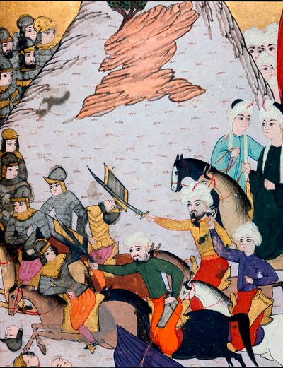 Osmanská říše: střety mezi armádou sultána Bayezida I. (Bajazet) (1360-kolem 1402) proti francouzsko-uherské alianci během bitvy u Nicopolis dne 25.09.1396. Miniatura z 15. století. Knihovna muzea Topkapi Sarayi Istanbul od Ottoman School