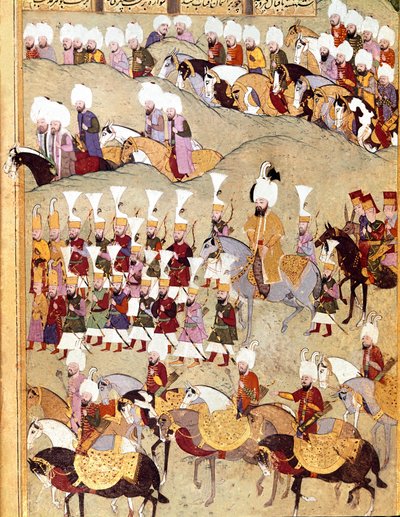 Osmanská říše: “” reprezentace osmanského sultána Murada II (Murat) (1404-1451) a jeho Armee během invaze do Persie””” Miniatura rukopisu ms. FY 1404 „“ Sehinsahname““ (nebo Shahinshah-nameh nebo Shahinshah-nameh, Shahinshah nama, Shahinshah nameh) od Ottoman School