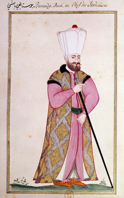 Osmanské umění: hlava zahradníků paláce. Tisk z rukopisu od Ottoman School
