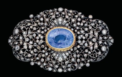 Osmanská brož s diamantem a safírem (safír a diamanty zasazené do zlata a stříbra) od Ottoman School