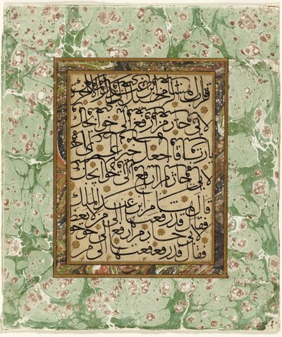 Stránka kaligrafie (inkoust a zlato na papíře s mramorovaným okrajem) od Ottoman School