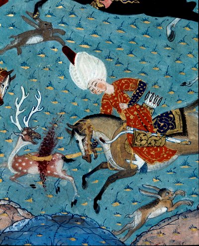 Zastoupení dvořanů sultána Murada II (Murat) (1404-1451) loví jeleny a zajíce Detail. Miniatura ze 17. století. Istanbul, knihovna muzea Topkapi Sarayi od Ottoman School